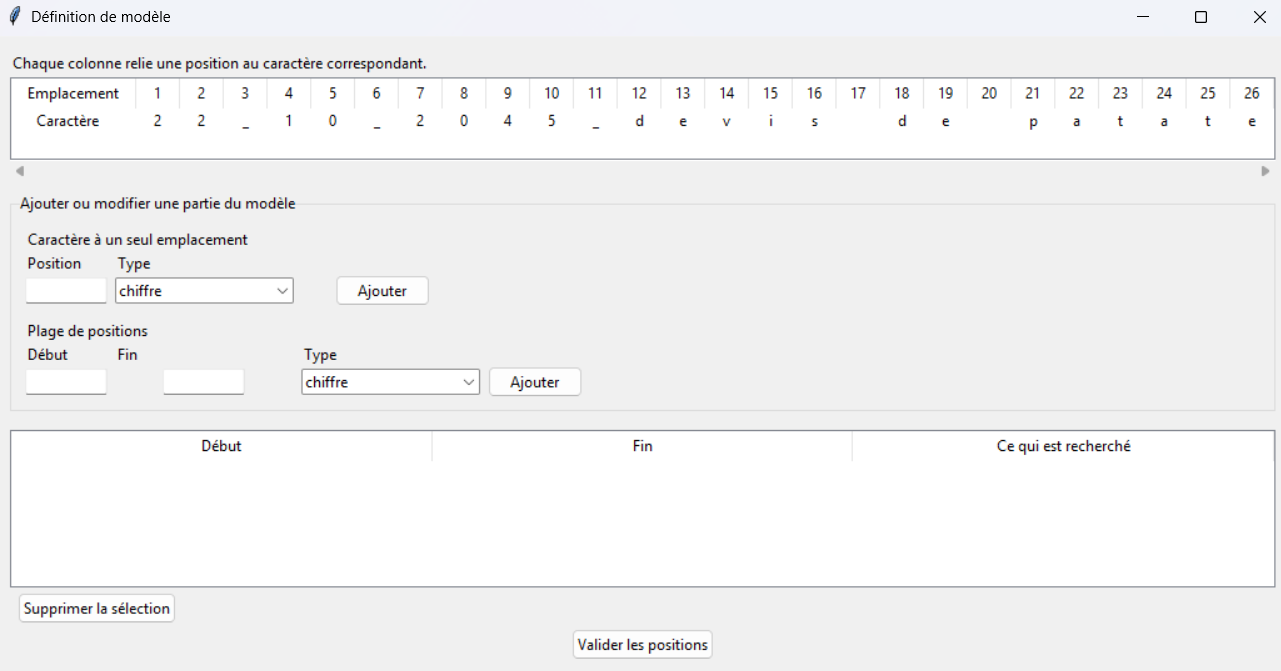 Écran de configuration de la recherche